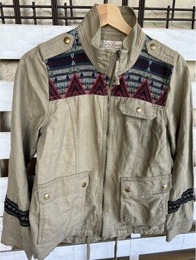 Lucky Brand Live In Love Khaki Linen Western Boho Zip Pockets Jacket Size S.